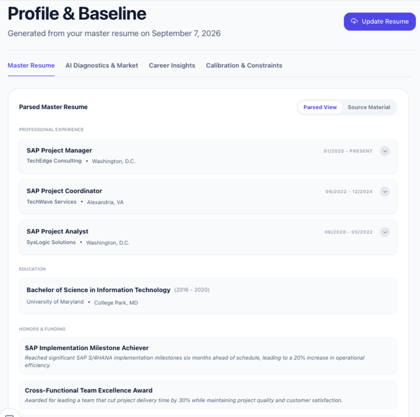CareerGauge Profile and Baseline master resume view