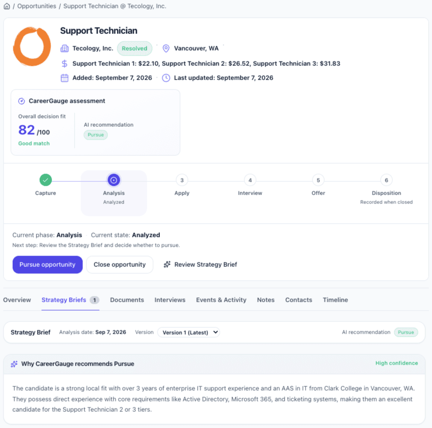 CareerGauge Pursue recommendation for an opportunity