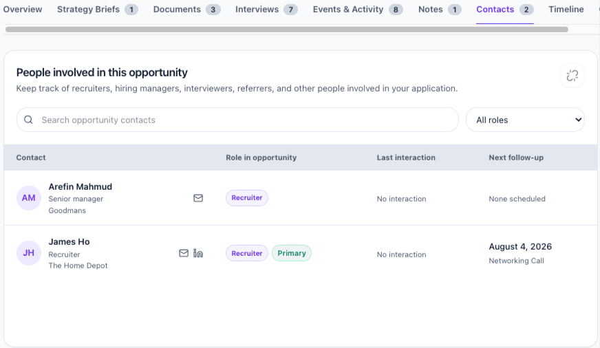 Opportunity contacts and follow-up screenshot
