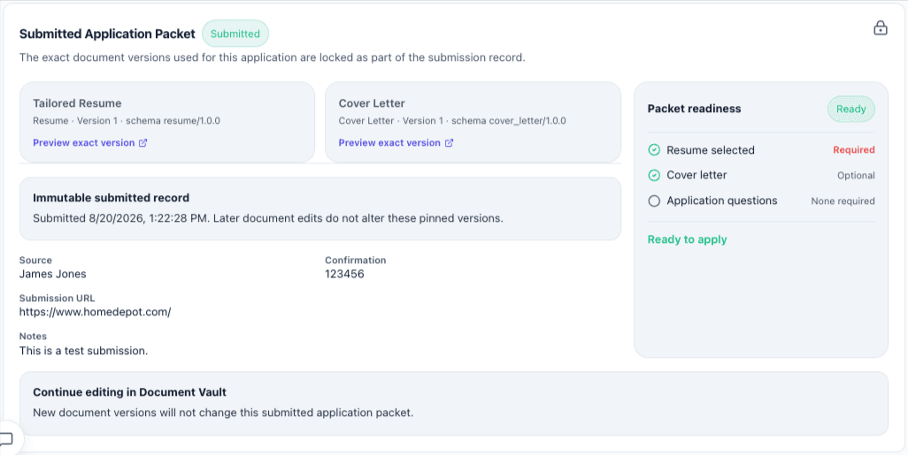 CareerGauge submitted Application Packet screenshot