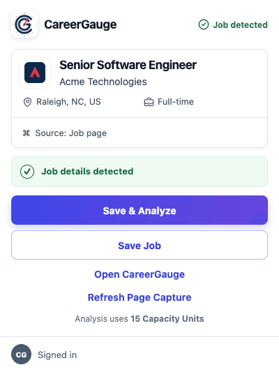 CareerGauge Chrome extension showing a detected job ready to save or analyze