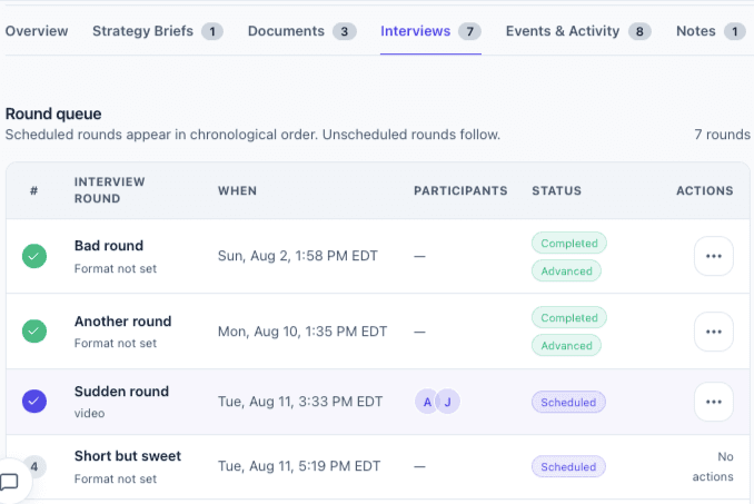 CareerGauge interview rounds showing completed and upcoming interviews
