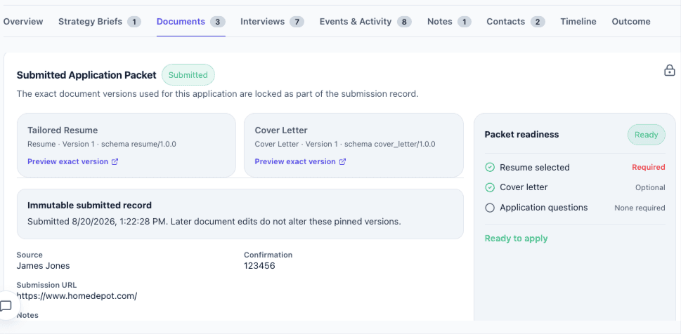 CareerGauge application packet showing tailored resume and cover letter versions
