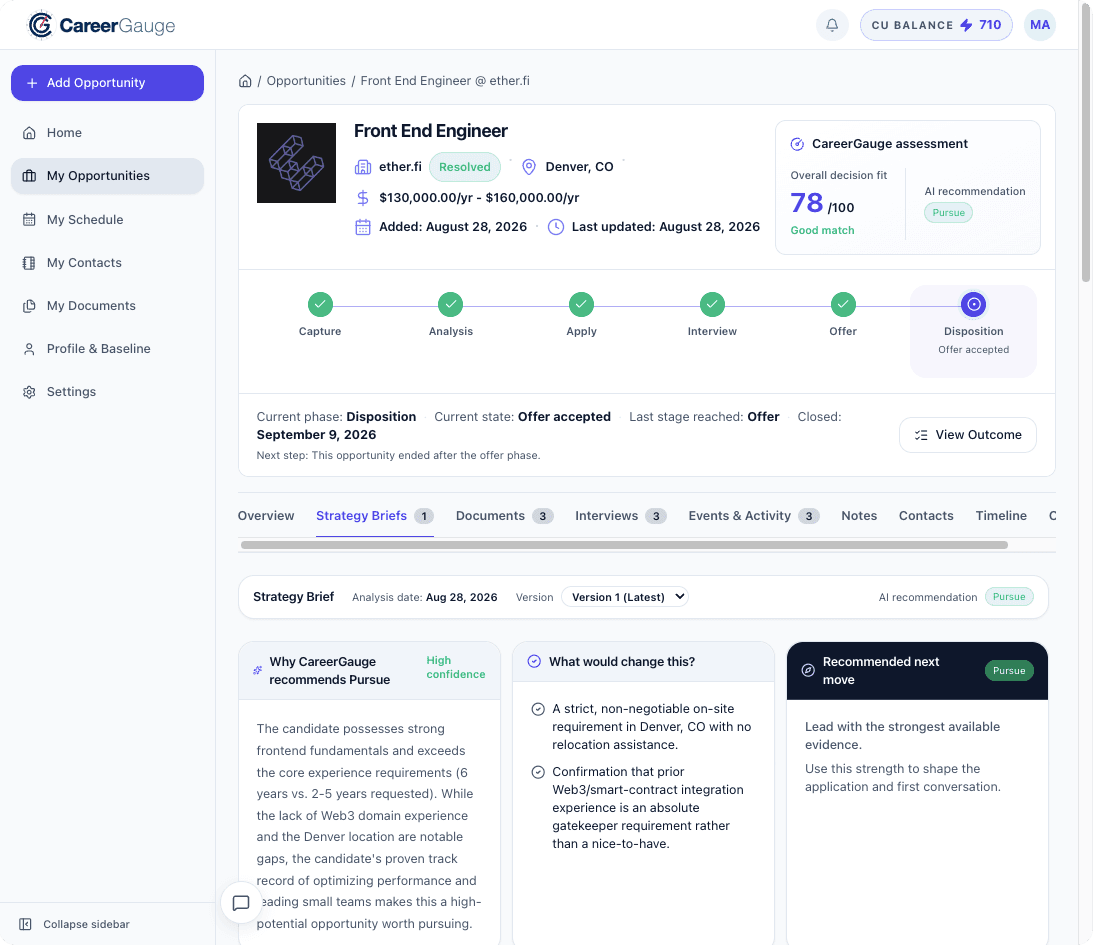 CareerGauge opportunity workspace on desktop