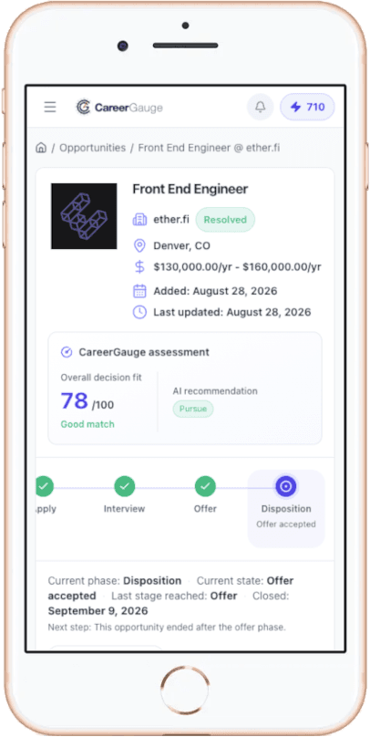 CareerGauge opportunity workspace on mobile