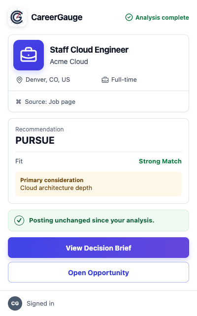 CareerGauge extension showing a completed opportunity analysis and Decision Brief link