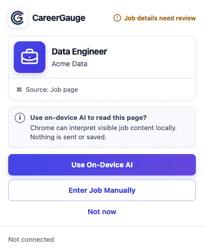 CareerGauge extension asking the user to review an incomplete job capture or enter it manually