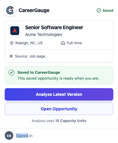 CareerGauge extension confirming that an opportunity has been saved